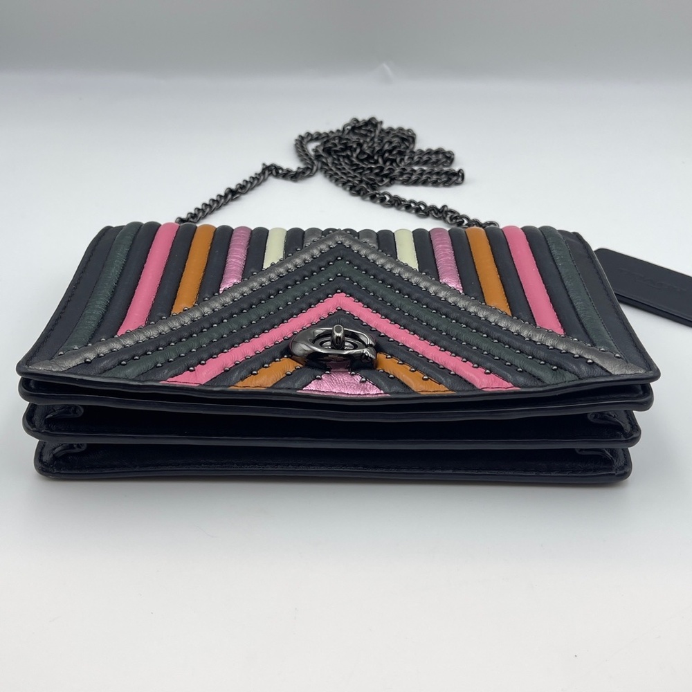 Coach foldover chain Clutch leather colorblock quilting rivets crossbody bag - Picture 4 of 15